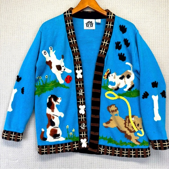 Vtg Storybook Knits Blue Dog Cardigan Sweater Med Cardigan Doggies Bone Buttons - Picture 1 of 10